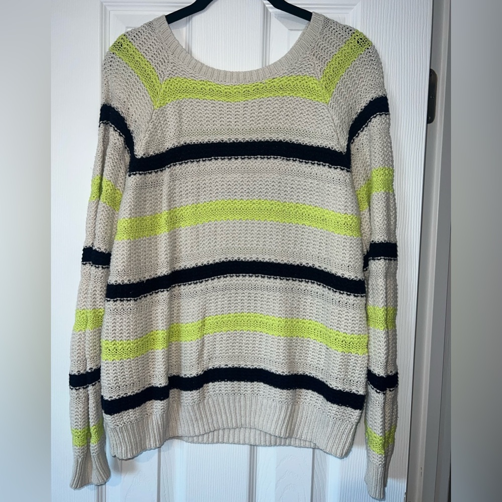 Forever 21 Stripe Cable Knit Sweater Navy And Chartreuse